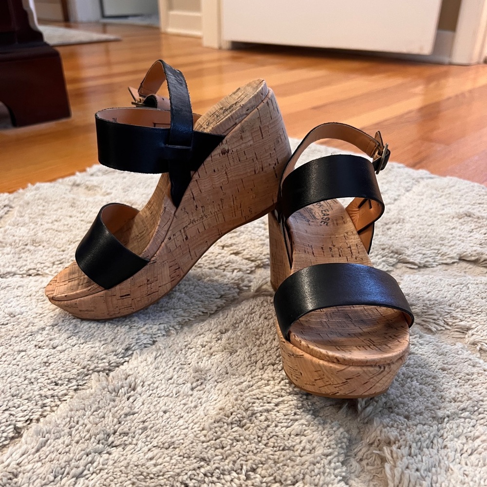 Kork-Ease Black and Tan Wedge Sandals